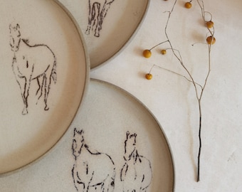TWO large Ceramic Plates,  Horse Decorations, Unique pottery, Rustic style