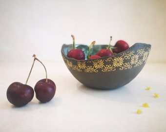 Set of 2 Ceramic Bowls , Pottery Bowls with yellow print Decorations , Dipping Bowl , Snack Serving Dish, Dessert Bowl