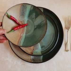 Ceramic serving dish set, Modern Ceramic Dinnerware Set, Beige and Turquoise Ceramic set