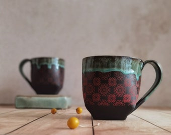 Set of TWO Ceramic mugs,  Turquoise & Red Mugs For Tea lovers, Vintage mugs, Pottery cups, Handmade Pottery with an Handle, Gift for Mom