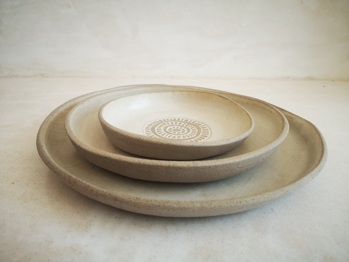 Beige Plates With Engraved Decorations Ceramic Serving Dish Etsy