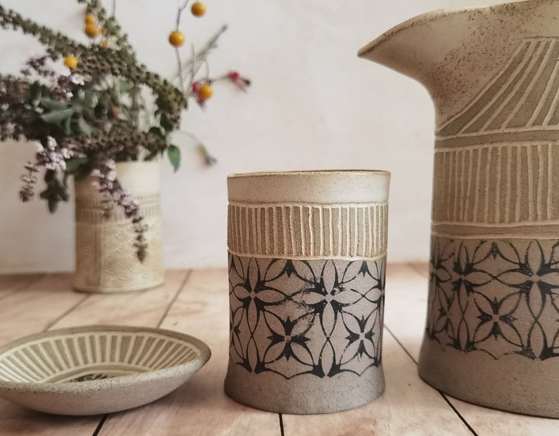 SET of TWO Tumblers & ONE Ceramic pitcher, Ceramic Drinkware, Handmade pottery pitcher, Water Pitcher, Stoneware Pitcher, Gift Idea image 4