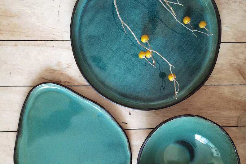 Ceramic serving dish set, Modern Ceramic Dinnerware Set, Black and Turquoise Ceramic set image 4