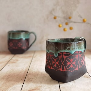 Black & Turquoise Ceramic mug, Mug For Tea lovers, Vintage mug, Pottery cup, Handmade Pottery with an Handle, Mug For coffee lovers