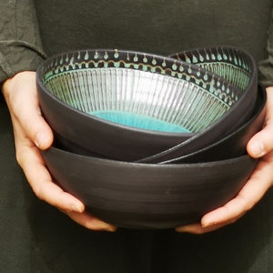 SET of 2 big pasta bowls, Handmade ceramics, Serving soup bowls pottery, Ramen noodles pottery bowl with engraved decorations image 1
