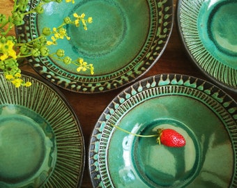 Set of 4 mix Ceramic Turquoise Bowls | Pottery Cereal Bowl with Engraved Decorations | Dipping Bowl | Snack Serving Dish