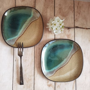 TWO Dessert plates, Appetizer plates, Sushi plates, Ceramic Kitchenware ,Ocean Plates, Handmade plate image 1