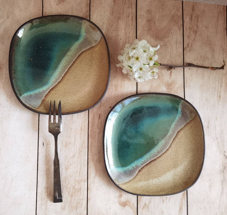 TWO Dessert plates, Appetizer plates, Sushi plates, Ceramic Kitchenware ,Ocean Plates, Handmade plate image 1