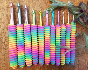 Unique Handmade, Ergonomic Polymer Clay Crochet Hook, SUSAN BATES, Twisted Neon Rainbow Spiral, Ready to Ship