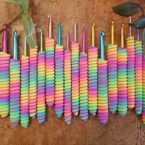 Unique Handmade, Ergonomic Polymer Clay Crochet Hook, Twisted Neon Rainbow Spiral, Ready to Ship