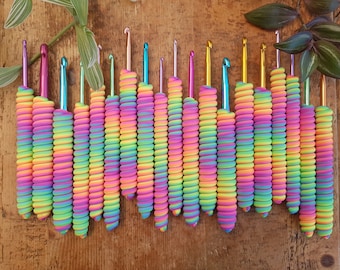 Unique Handmade, Ergonomic Polymer Clay Crochet Hook, Twisted Neon Rainbow Spiral, Ready to Ship