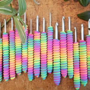 Unique Handmade, Ergonomic Polymer Clay CLOVER AMOUR Crochet Hook, Twisted Neon Rainbow Spiral