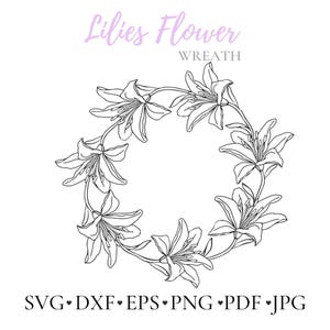 Archivo de corte svg con marco de lirios, corona floral circular, marco png, 300 dpi, flor para invitaciones de boda o tarjetas