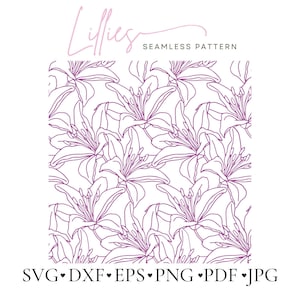 May include: A seamless pattern featuring a white background with purple line drawings of lilies. The text "Lilies Seamless Pattern" is at the top of the image.