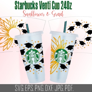 Girassol e chapéu de formatura svg starbucks wrap copo com flor e estrela wrap 24 Oz Senior 2021 SVG Dois estilos wrap para copo frio