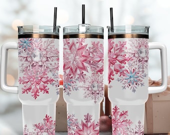 Snowflake Winter Pink Christmas 40oz Quencher tumbler sublimation design