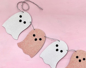 Pink Halloween Decor, Pink & White Halloween Glitter Garland, Ghost Banner, Halloween Decor, Pink Garland, Boo Banner, Pink Halloween