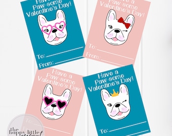 Tarjetas del Día de San Valentín para perros para niños, tarjetas de San Valentín para cachorros, bulldog Francés para niños, tarjetas de San Valentín para aula, tarjetas bonitas