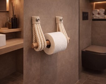 Handmade Rope Toilet Paper Holder – Cotton Rope & Wooden Rod, Modern Boho Bathroom Decor