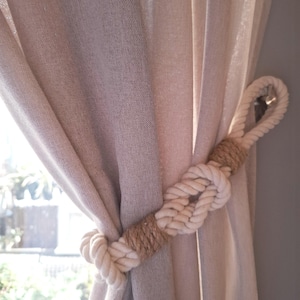 White Rope Curtain Tieback with Jute Wrapping, Handmade Knot Design for Rustic Home Decor
