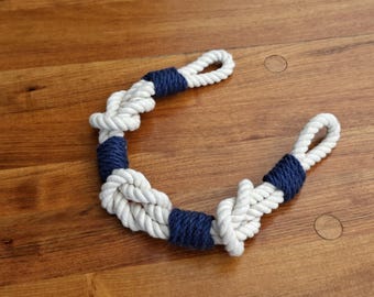 Nautical Curtain Tieback: White Cotton Rope with Navy Jute Knots