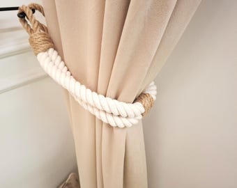 Handgjord gardinknytning – Naturlig jute och vit bomullsblandning – Modern bohemisk fönsterdekor