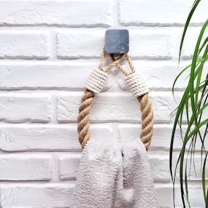Portasciugamani in corda di iuta con gancio in marmo - Accessorio da bagno con bordo bianco
