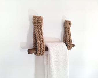 Minimalist Jute Rope Towel Bar – Natural Wood & Brass Wall Towel Holder for Modern Bathroom