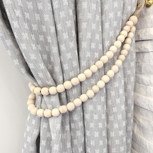 Wood Bead Curtain Tieback, Double Garland Jute Rope Drapery Tieback, Rustic Home Decor