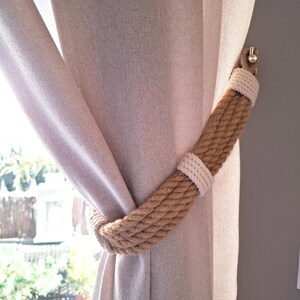 Jute Rope Curtain Tieback with White Wrapping, Handmade Knot Design for Rustic Home Decor