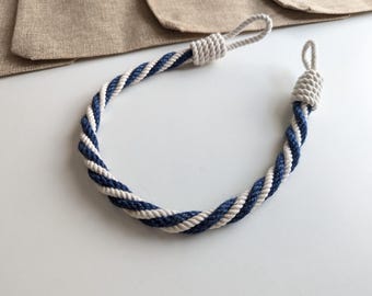 Navy White Curtain Tieback, Rope Curtain Holdback, Handmade Curtain Tie, Nautical Window Decor, Coastal Drapery Accessory