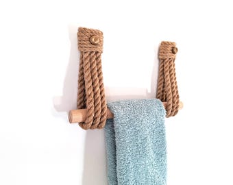 Handmade Jute Rope Towel Holder, Rustic Wooden Bar, Brass Hardware