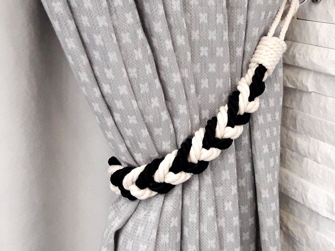 Black and White Curtain Tie. Cotton Rope Tiebacks . Holdback. Curtain