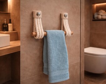Handmade Rope Towel Holder – Cotton Rope & Wooden Rod, Modern Boho Bathroom Decor