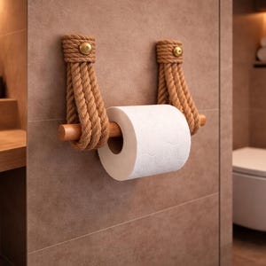 BETOOKY Handmade Woven Wall Mount Toilet Paper Holder – Bohemian Style With Black Walnut Wood & Hemp Rope, Rustic Bathroom Decor