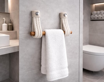 Modern Rope Towel Bar – Handmade Cotton Rope & Dark Wood, Minimal Bathroom Wall Decor