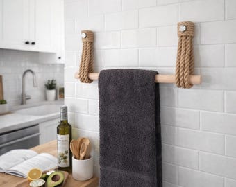 Handmade Jute Rope Kitchen Towel Holder – Natural Wood Wall Rack for Cozy Modern Kitchens