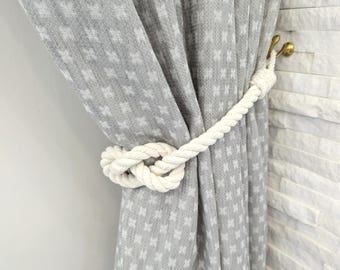 Nautical Knot Curtain Tieback: White Cotton Rope, Coastal Decor
