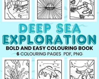 Puede incluir: Páginas para colorear en blanco y negro con criaturas de aguas profundas y un sumergible. El título del libro es "Deep Sea Exploration: Bold and Easy Coloring Book" con el subtítulo "6 Coloring Pages PDF, PNG".