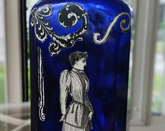 Vintage Decoupaged Cobalt Blue Bottle