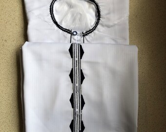The Ugandan Kanzu in White - Blue thread (Uganda's Traditional wear for men)