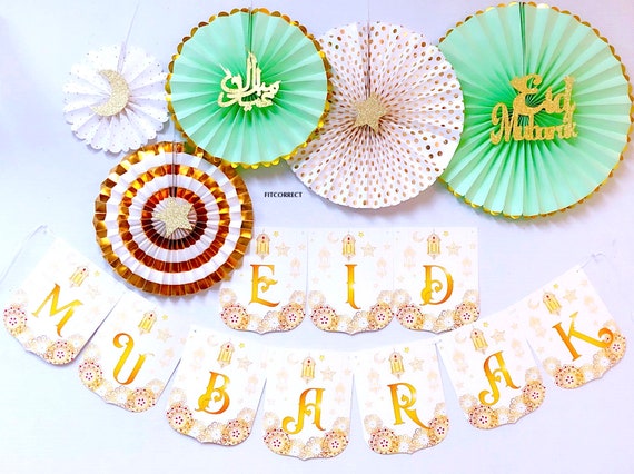 Islamic Decor Mint Green and Gold Paper Fans Set with Ramadan CutOuts Ramadan Mubarak Decorations Eid Mubarak Eid Celebration