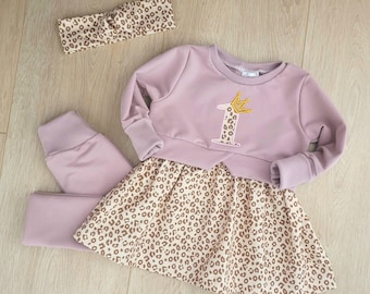 Geburtstagskleid, Geburtstagsoutfit, Outfit 1. Geburtstag, Tunika mit Geburtstagszahl, Leoprint, rosa, Mädchen
