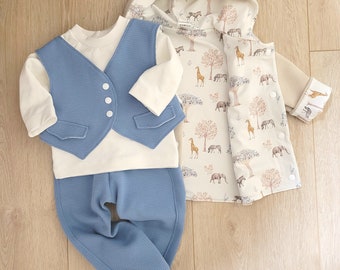 Outfit 1. Geburtstag, Hochzeit, Taufe, festliches Set Weste, Hose, Jacke, Beige, weiß, blau, Junge
