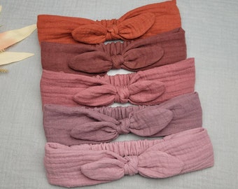 Haarband Baby, Stirnband mit Schleife, Knotenstirnband aus Bio Musselin, festliches Haarband, Taufe, KU 35-55cm, uni, rosa