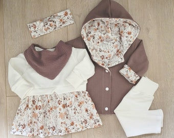 Set Tunika/Kleid Baby, Jacke, Cardigan, Leggings, Newborn Set, Outfit 1. Geburtstag, Hochzeit, Taufe, Größe 56-104, Blumen, weiß, Mädchen