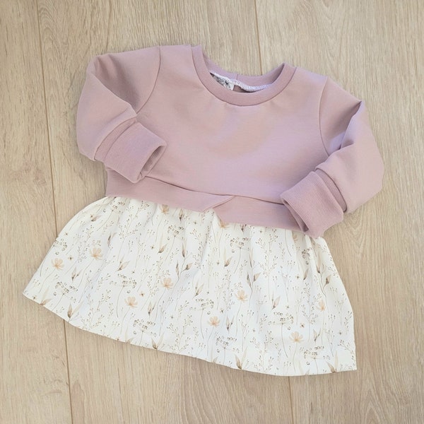 Girly Sweater Baby, Tunika Baby, Kleid Baby, Outfit Hochzeit oder Taufe,  Größe 56-104, Blumen, rosa, Mädchen