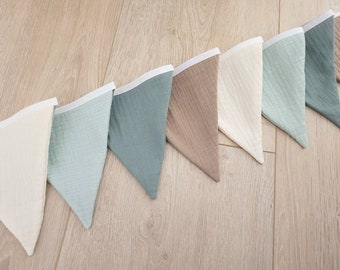 Muslin bunting with name, fabric, children's room decoration, garland, 1st birthday, green, mint, beige, warm sand, mint, girl, boy