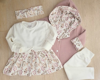 Set Tunika/Kleid Baby, Jacke, Cardigan, Leggings, Newborn Set, Outfit 1. Geburtstag, Hochzeit, Taufe, Größe 56-104, Blumen, weiß, Mädchen