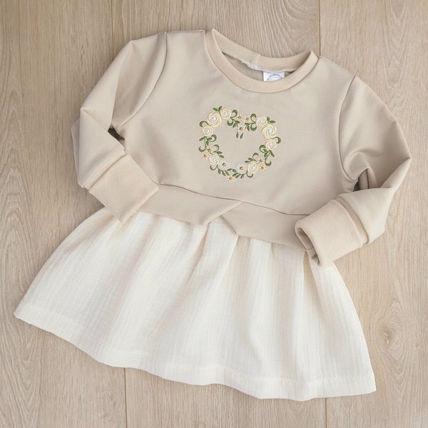 Girly-Sweater Baby, Tunika-Kleid Baby, Outfit Hochzeit, Taufe, Blumenmädchen, Fotoshooting, Größe 56-104, Blumen, beige, creme, Mädchen